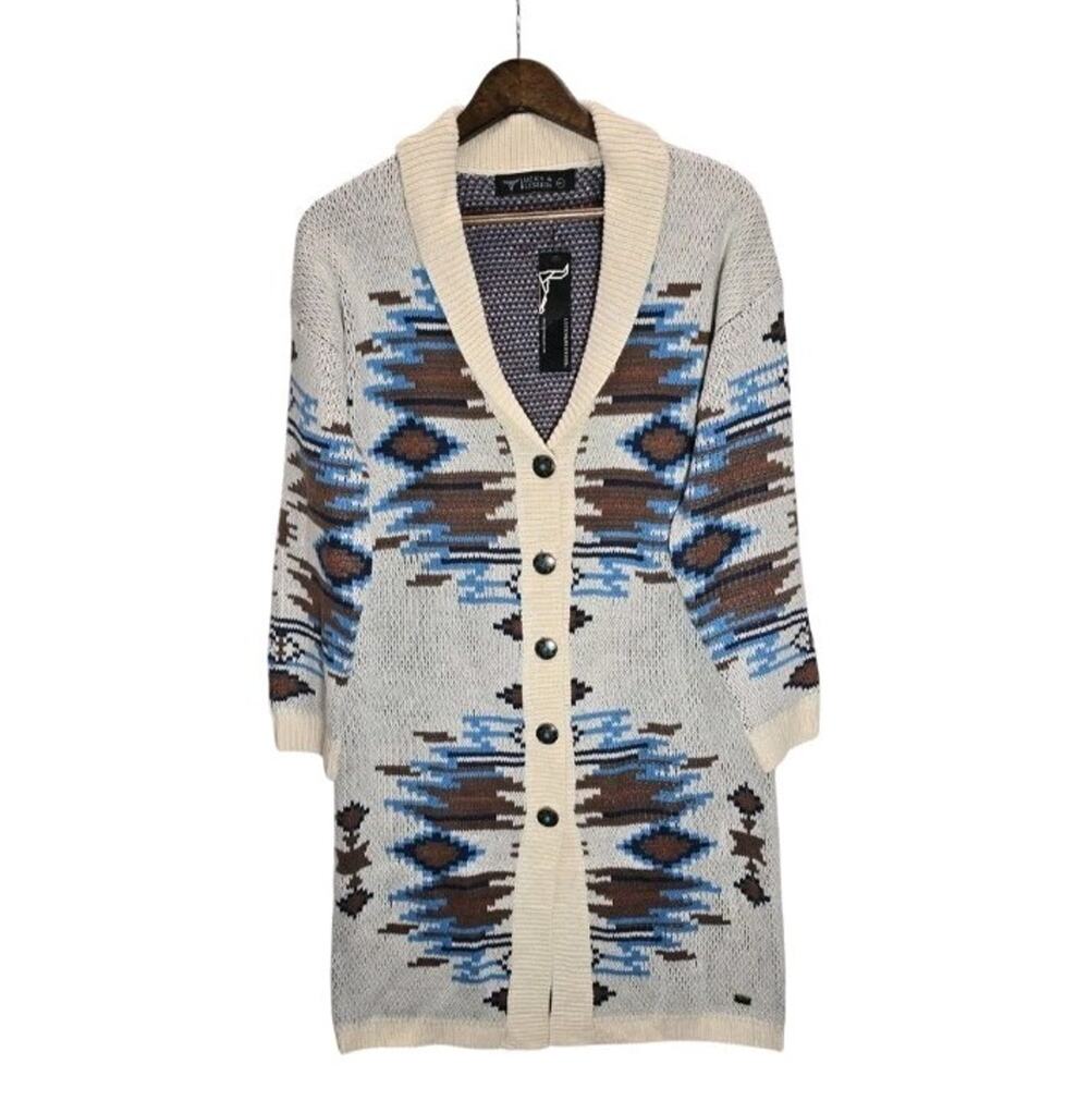 Lucky & Blessed Aztec Southwestern Boho Long Cardigan Sweater Womens M/L Duster